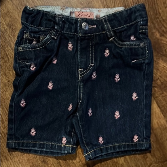 Levi's Dark Denim Shorts with Pink Embroidery - Picture 1 of 6